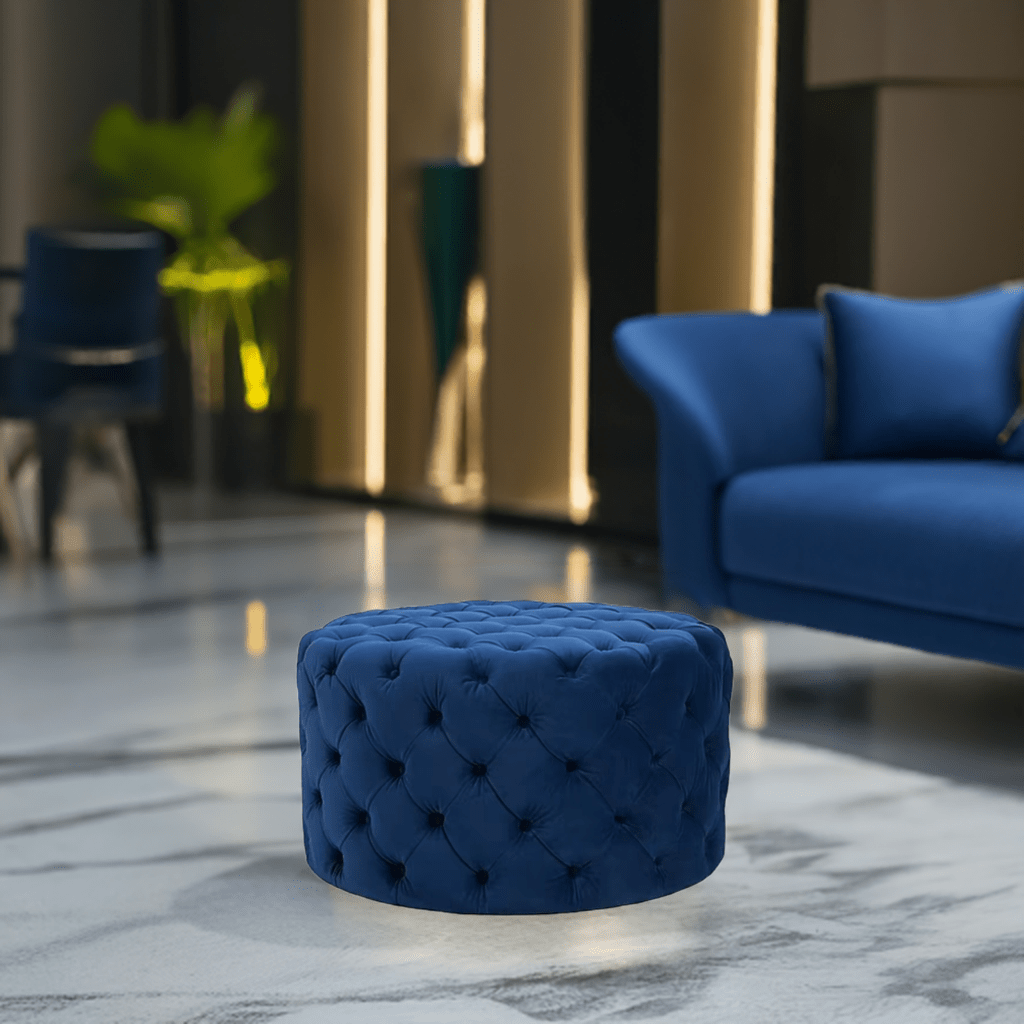 Chesterfield Footstool Navy Blue Velvet Rounded - MOOAZAA SHOP