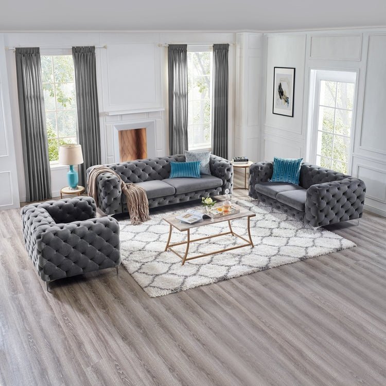 The Rocky Chesterfield Sofas Sets in Luxury Dark Grey Velvet, Express Delivery - MOOAZAA SHOP