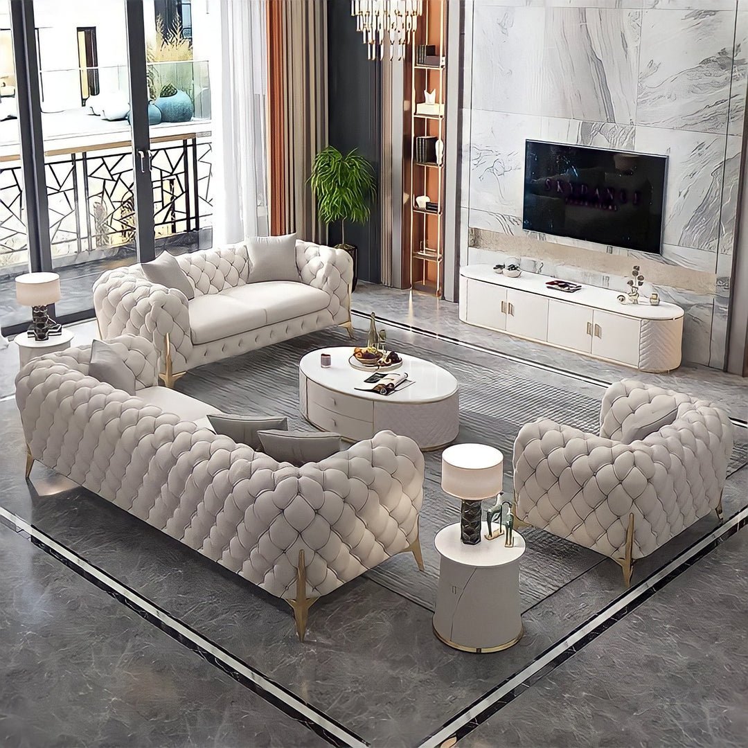 The Rocky Chesterfield Sofas Sets in Luxury Light Cream Leather - MOOAZAA SHOP