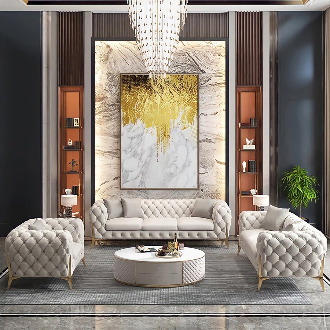 The Rocky Chesterfield Sofas Sets in Luxury Light Cream Leather - MOOAZAA SHOP