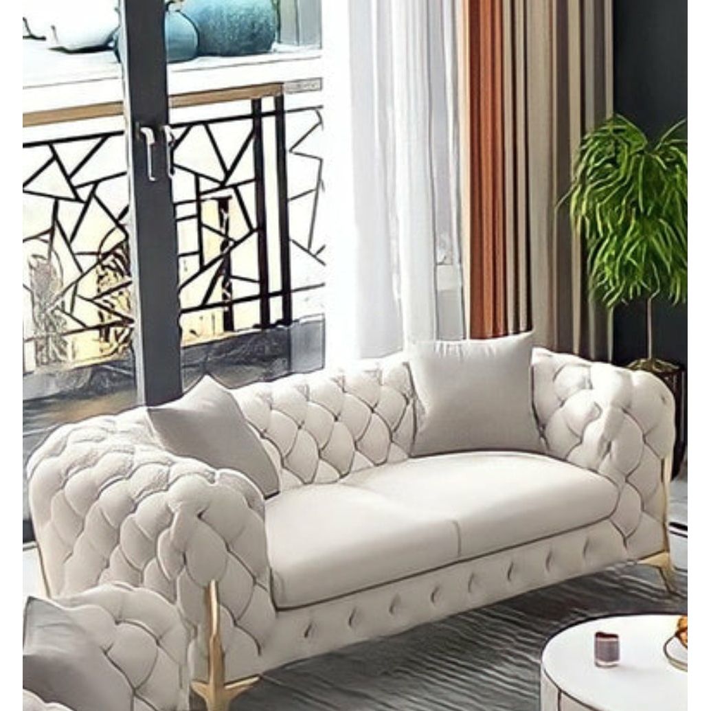 The Rocky Chesterfield Sofas Sets in Luxury Light Cream Leather - MOOAZAA SHOP