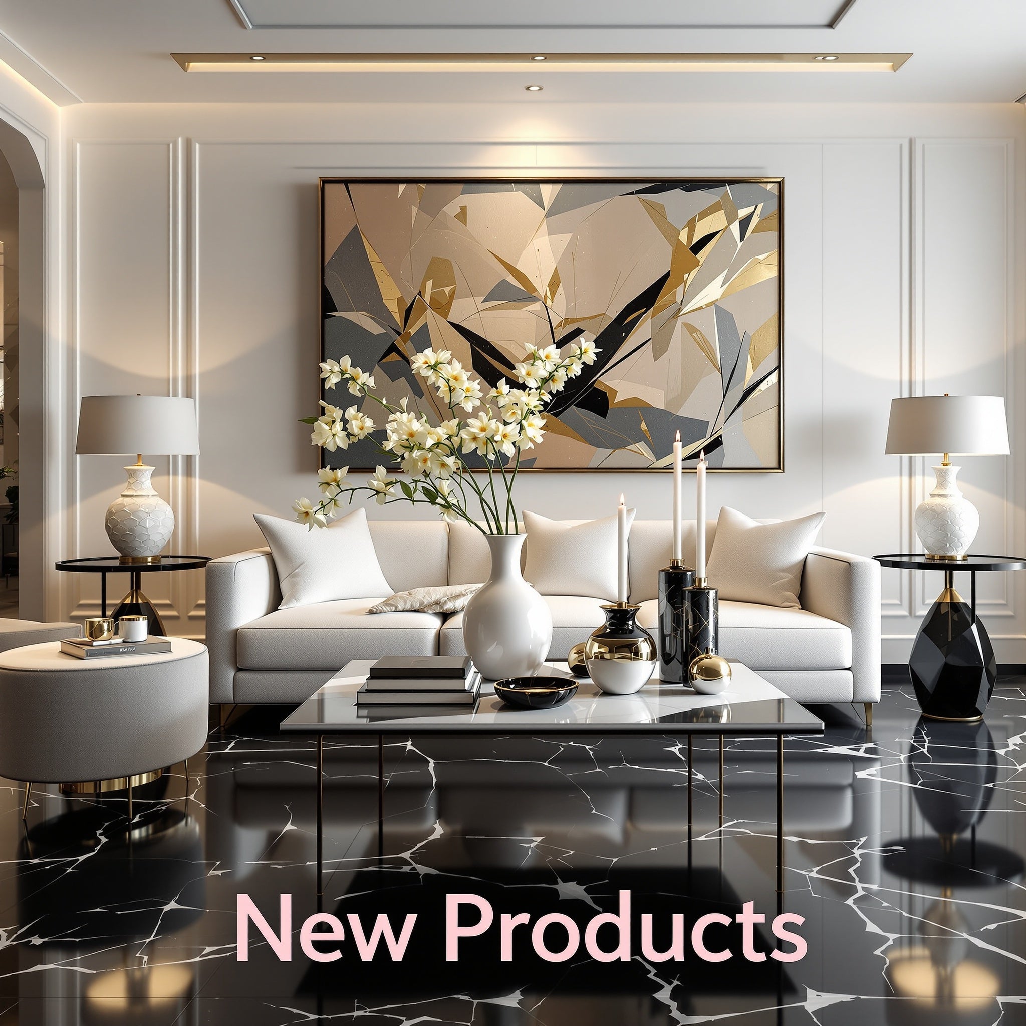 a modern living room with a white sofa, a black-and-white marble floor, and a large abstract painting. The text "New Products" is overlaid on the image.