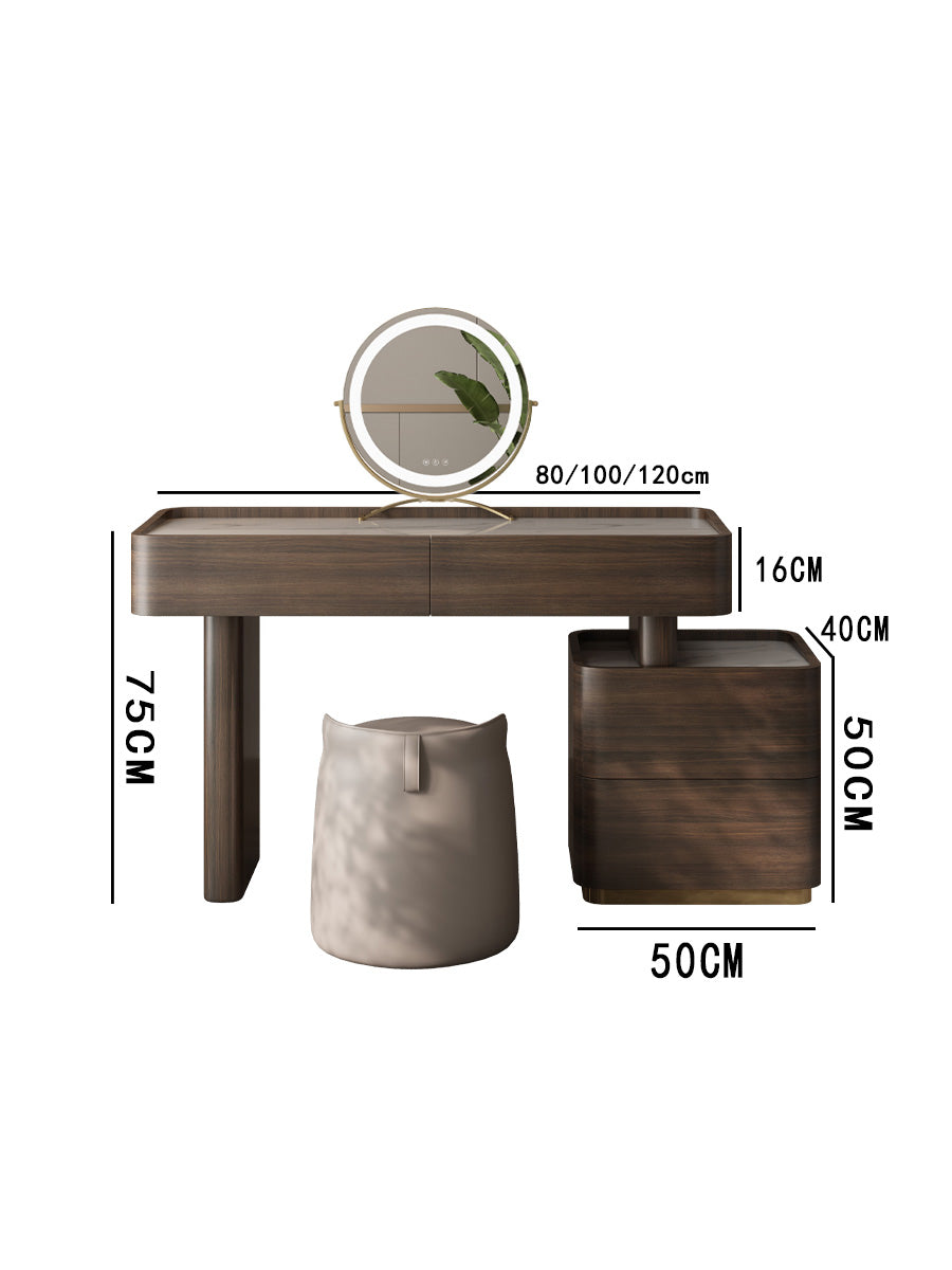 Wooden vanity table with dimensions labeled on a white background