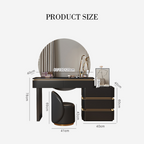 Dressing table set with mirror, chair, and small table dimensions labelled.