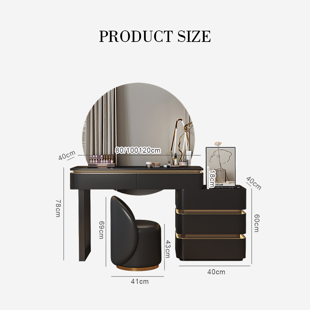 Dressing table set with mirror, chair, and small table dimensions labelled.