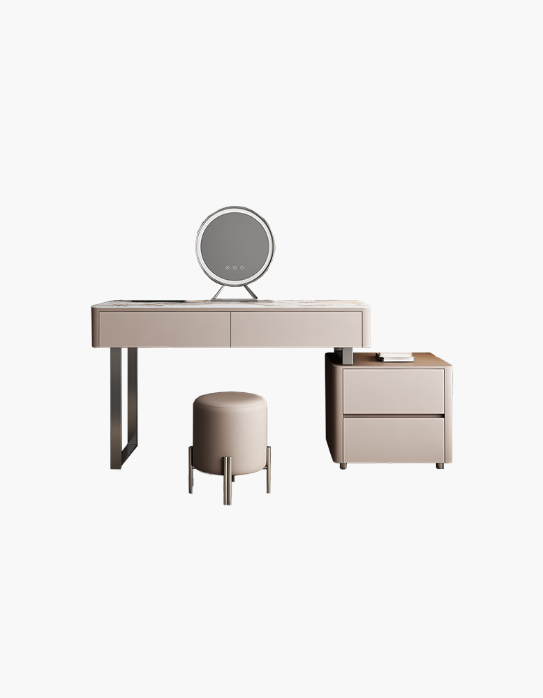 Beige vanity desk with mirror and stool on a white background