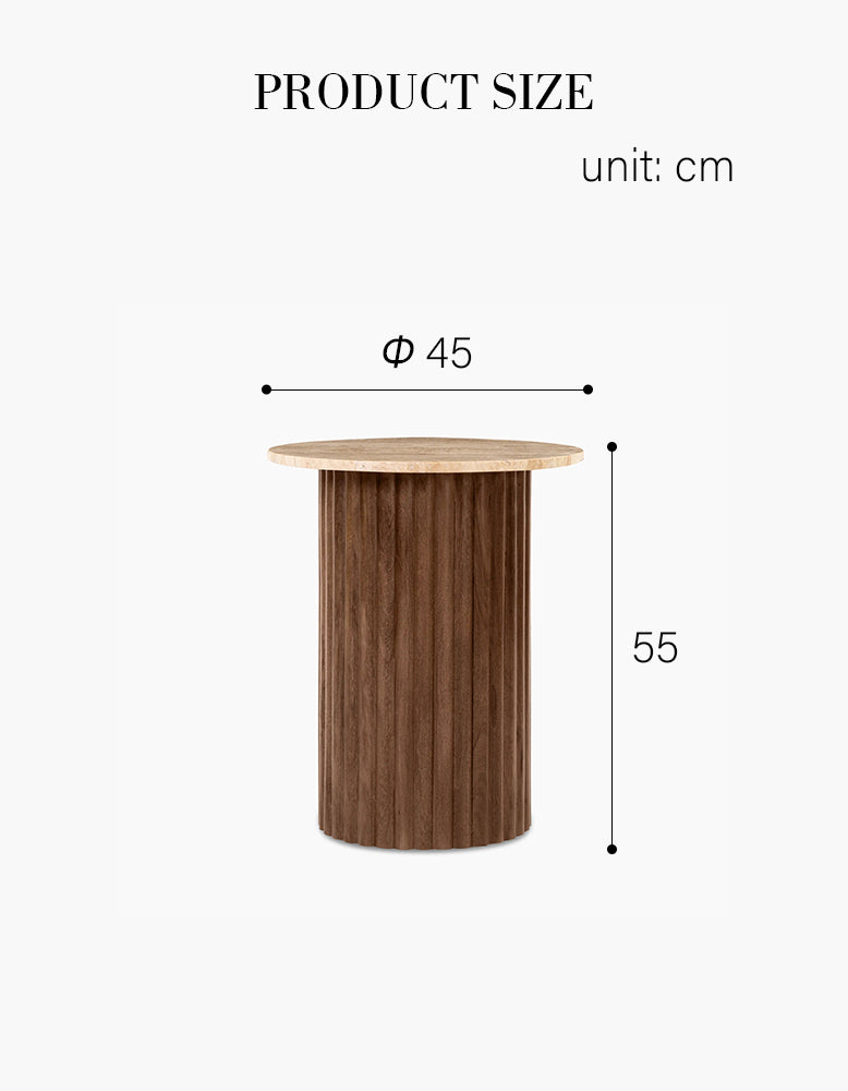 Measurement chart of a wooden side table with dimensions in centimeters.