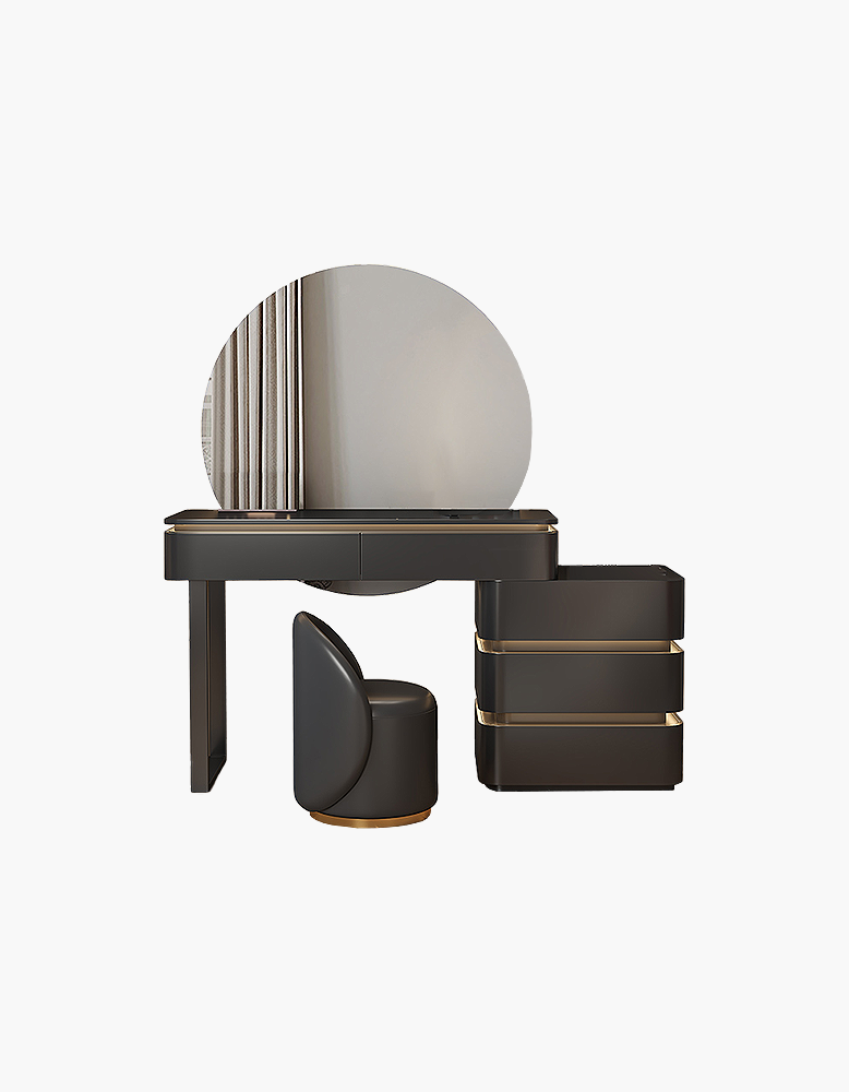 Modern vanity table with mirror and stool on a white background