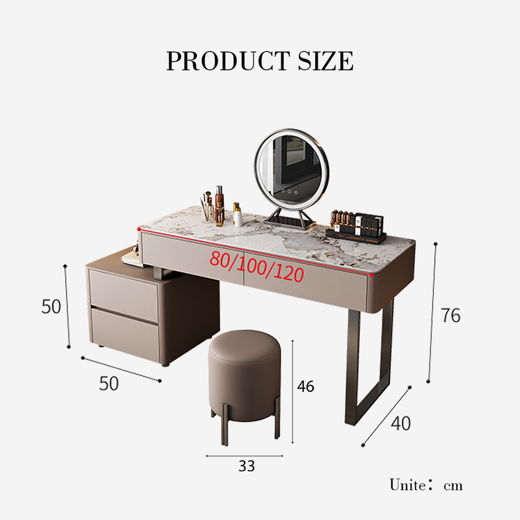 Dressing table with dimensions labeled on a white background