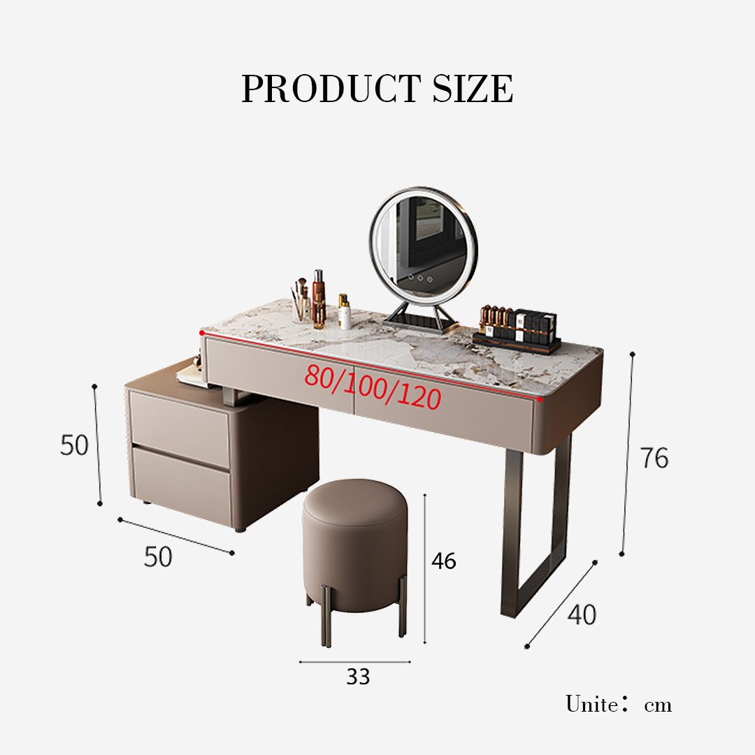 Dressing table with dimensions labeled on a white background