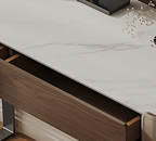 Wooden desk with marble-like surface and open drawer