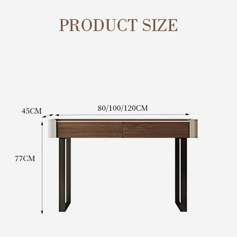 Wooden desk with dimensions labeled on a white background
