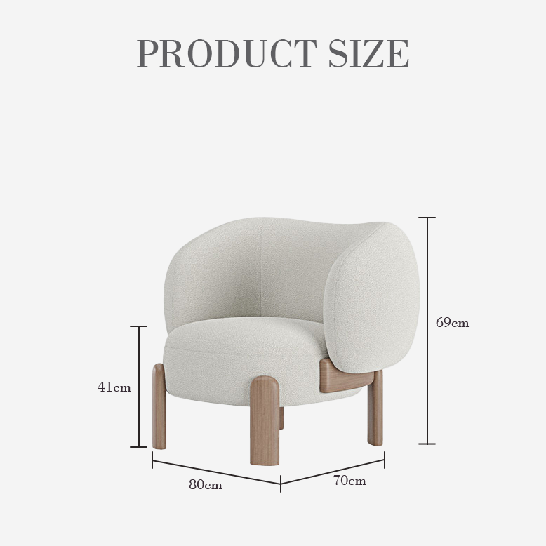 White armchair with wooden legs and dimensions labeled on a white background