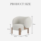 White armchair with wooden legs and dimensions labeled on a white background
