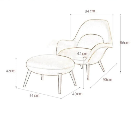 Dimensions of a chair and ottoman set on a white background