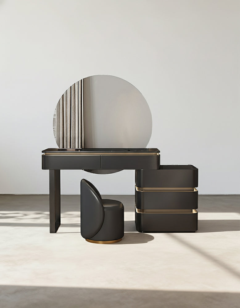 Modern vanity set with round mirror, stool, and boxes on a neutral background