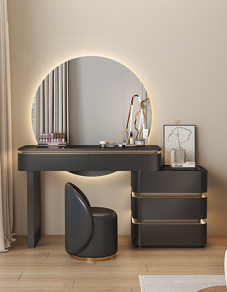 Modern vanity table with mirror and chair in a well-lit room