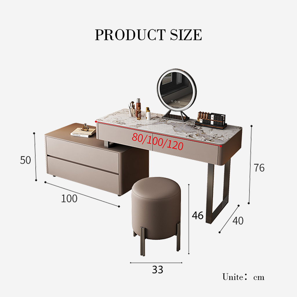 Dressing table with dimensions labeled on a white background