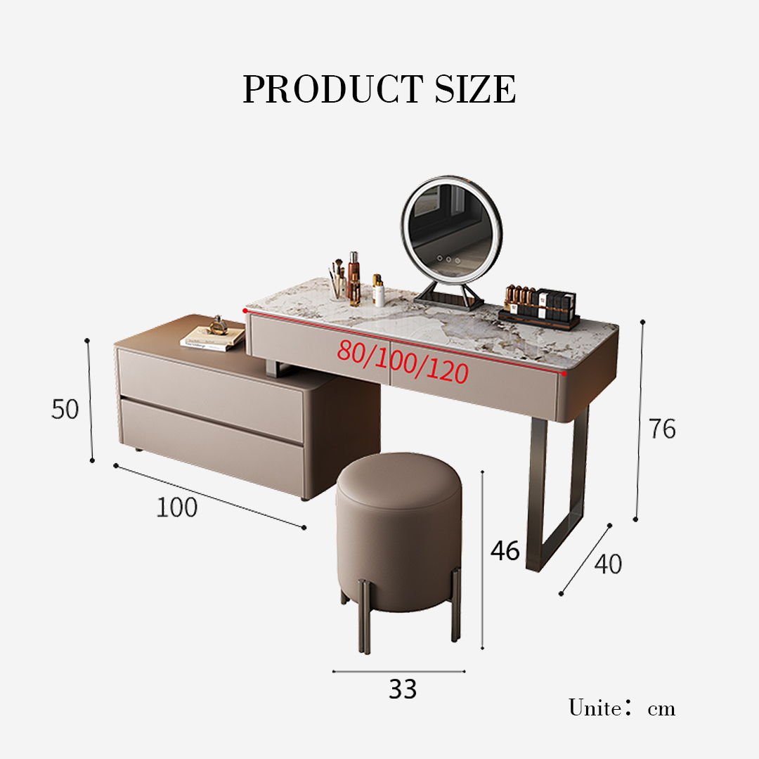 Dressing table with dimensions labeled on a white background