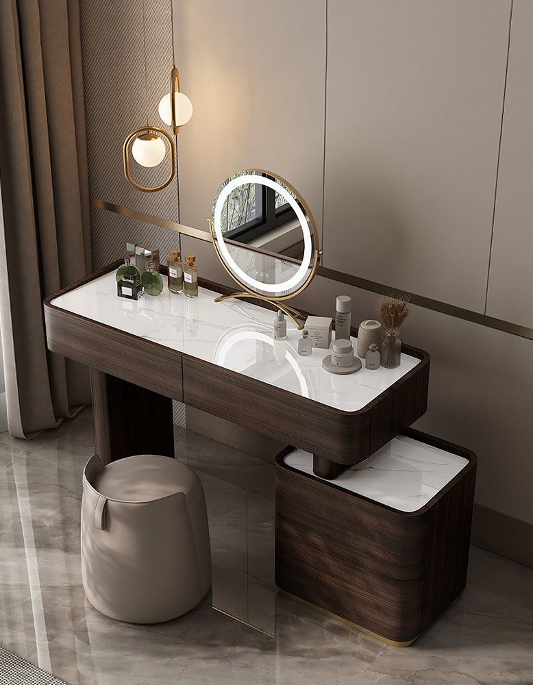 Dressing table with mirror and various items in a modern bathroom setting