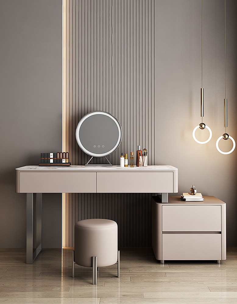 Modern vanity with round mirror, light fixture, and small stool against a gray wall.