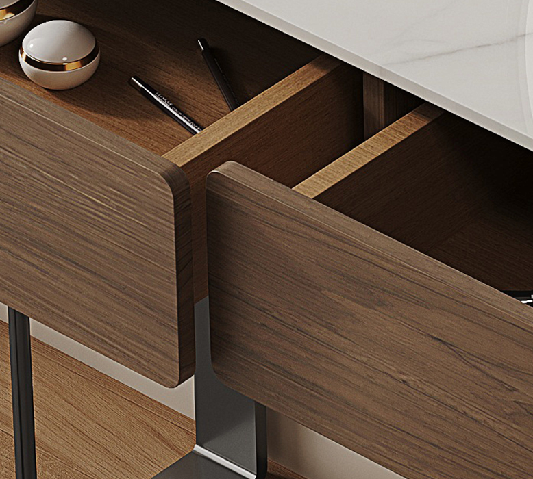 Wooden drawer with a white countertop in the background