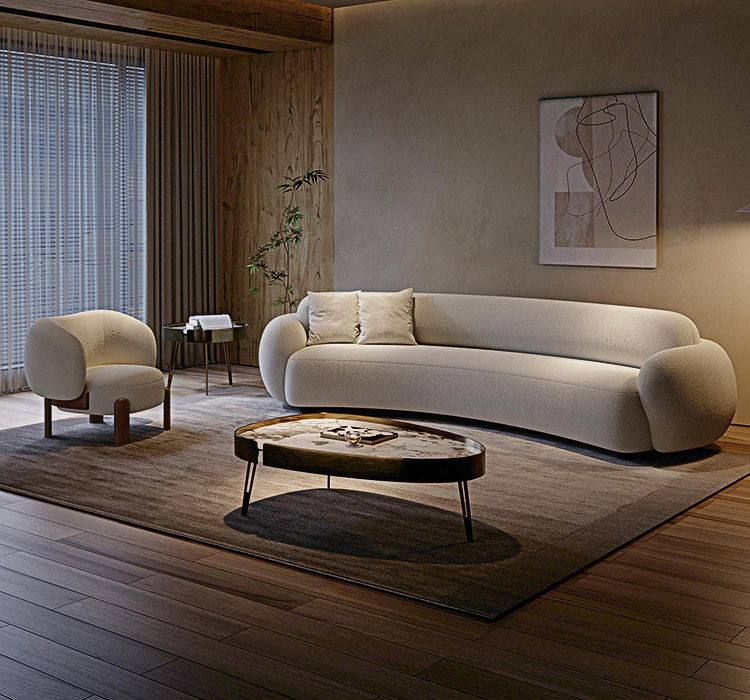 Modern living room with a white sofa, armchair, and coffee table.