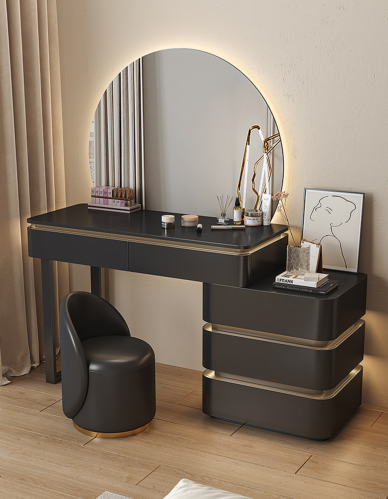 Modern vanity table with mirror and chair in a bedroom setting