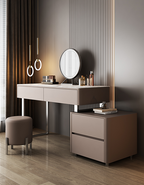 Modern dressing table with mirror and stool in a stylish room.