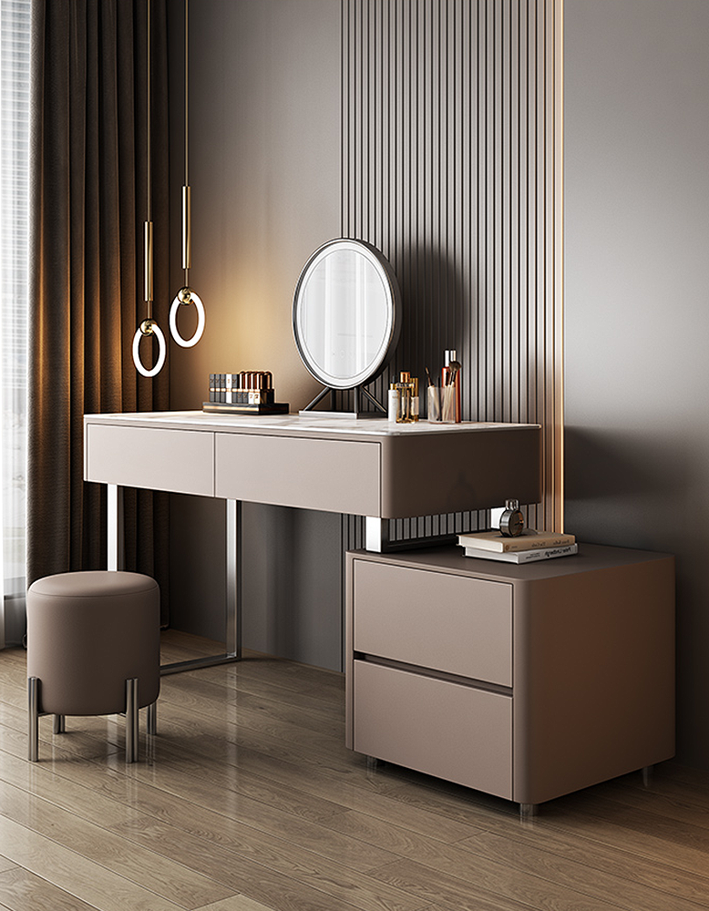Modern dressing table with mirror and stool in a stylish room.