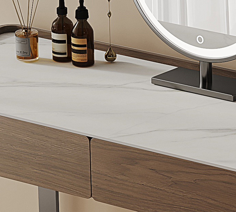 Dressing table with a mirror and decorative items on a neutral background