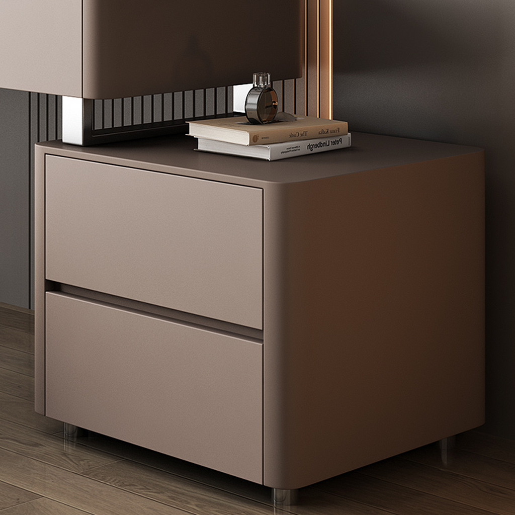 Modern nightstand with two drawers and a small table on top against a dark wall.