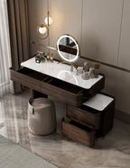 Dressing table with mirror and various items in a room setting
