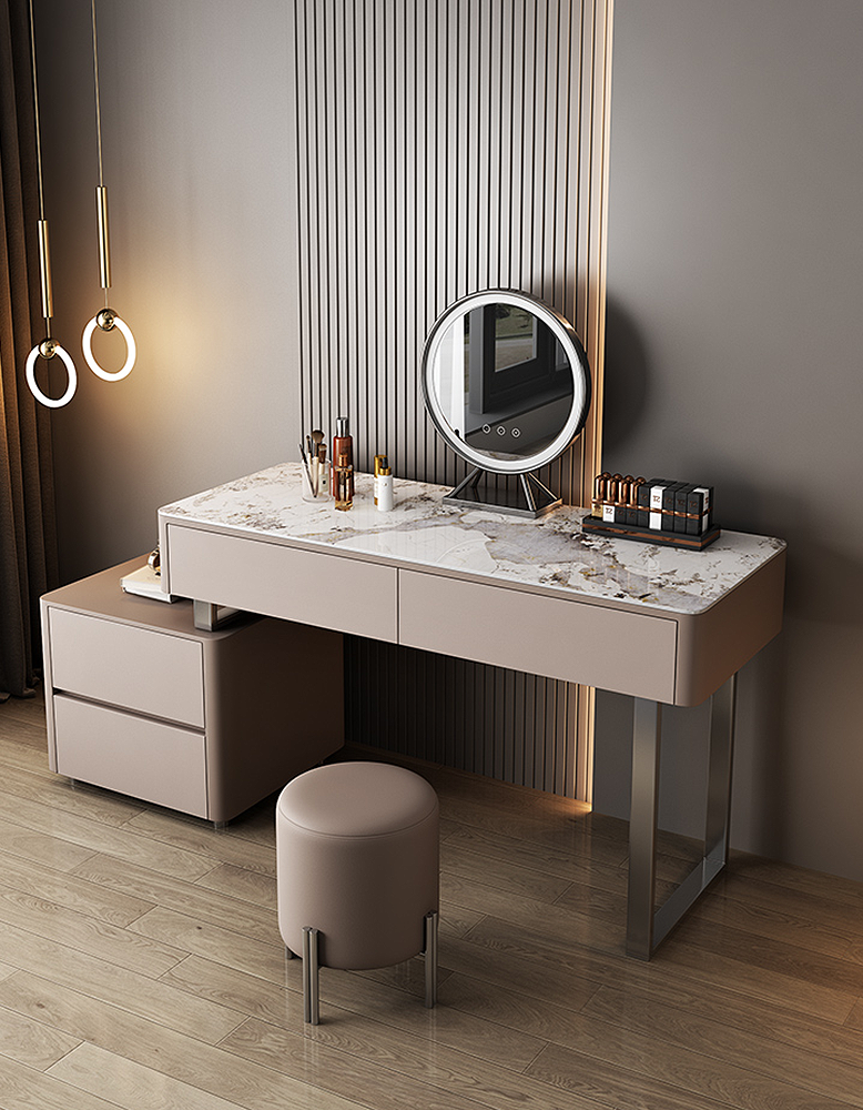 Modern vanity table with mirror and stool in a stylish room.