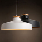 Two pendant lights, one white and one black, on a dark background