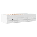 White storage bed with multiple drawers on a white background
