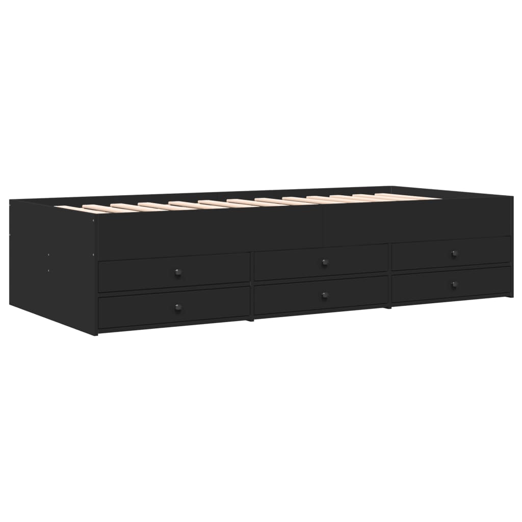 Black bed frame with multiple drawers on a white background