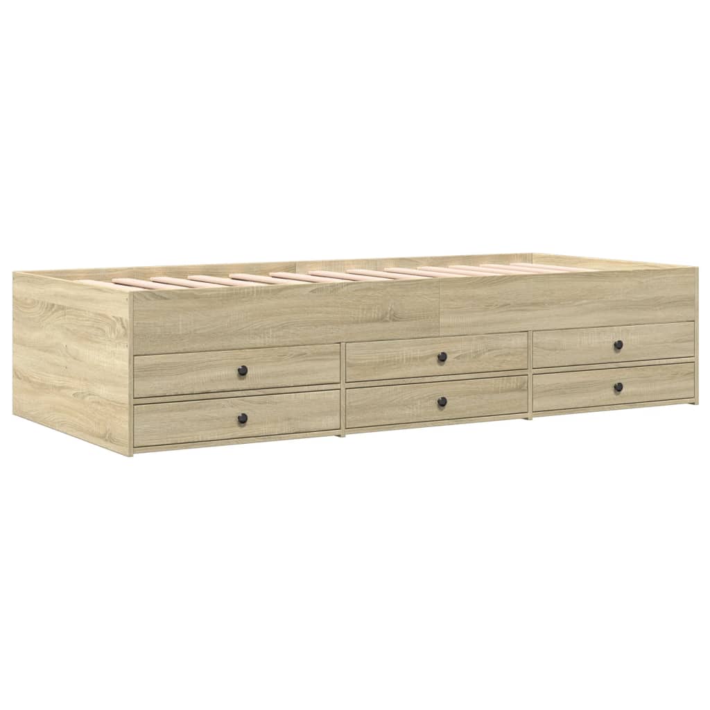 Wooden bed frame with multiple drawers on a white background