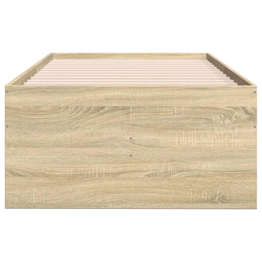 Wooden bed frame with slats on a white background