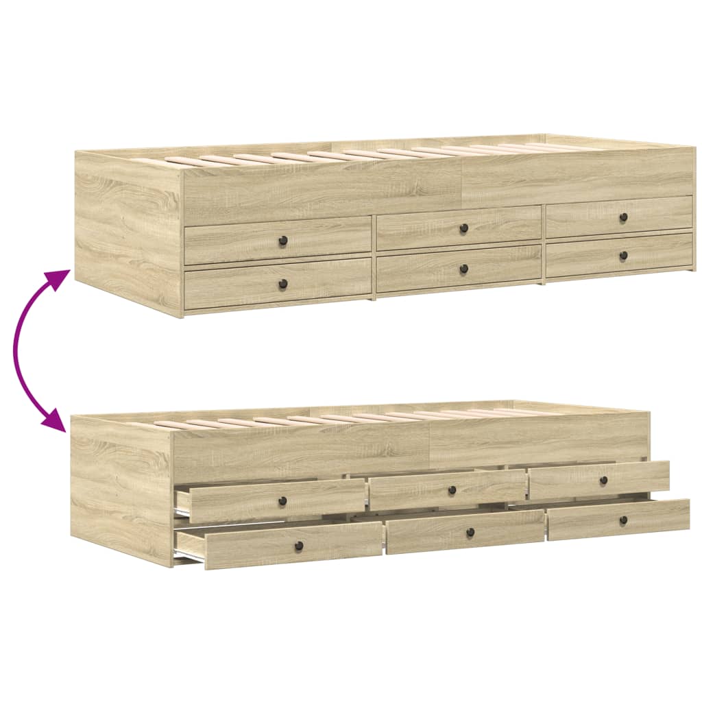 Wooden bed frame with multiple drawers on a white background