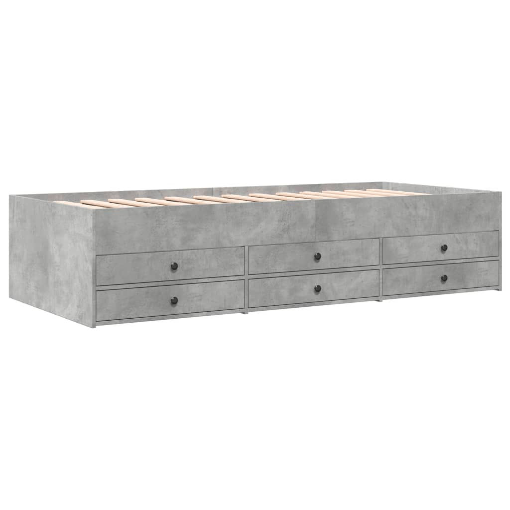Gray storage bed with multiple drawers on a white background