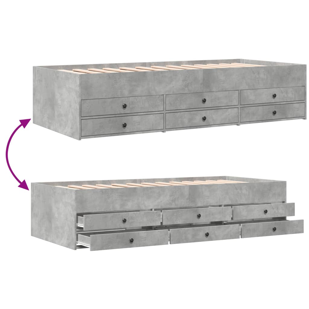 Gray bed frame with multiple drawers on a white background