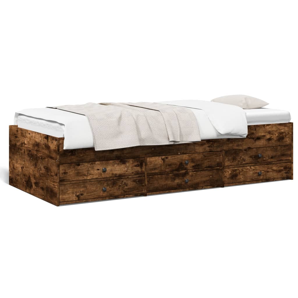 Wooden bed with white bedding on a white background