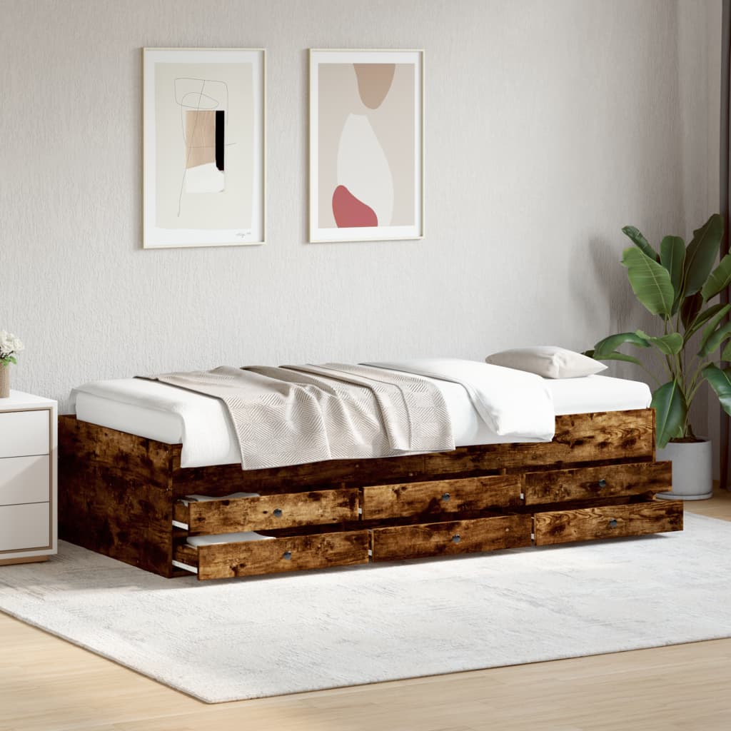 Wooden bed frame with white bedding in a room with abstract art and a plant.