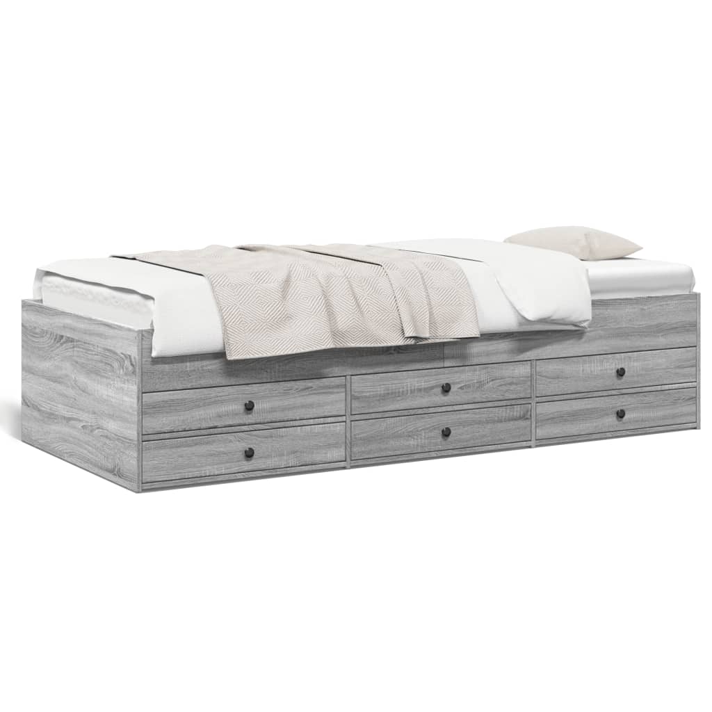 Gray wooden bed with white bedding on a white background