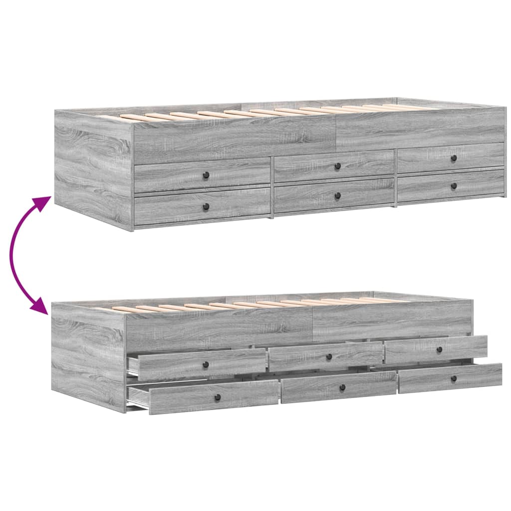 Gray wooden bed frame with drawers on a white background