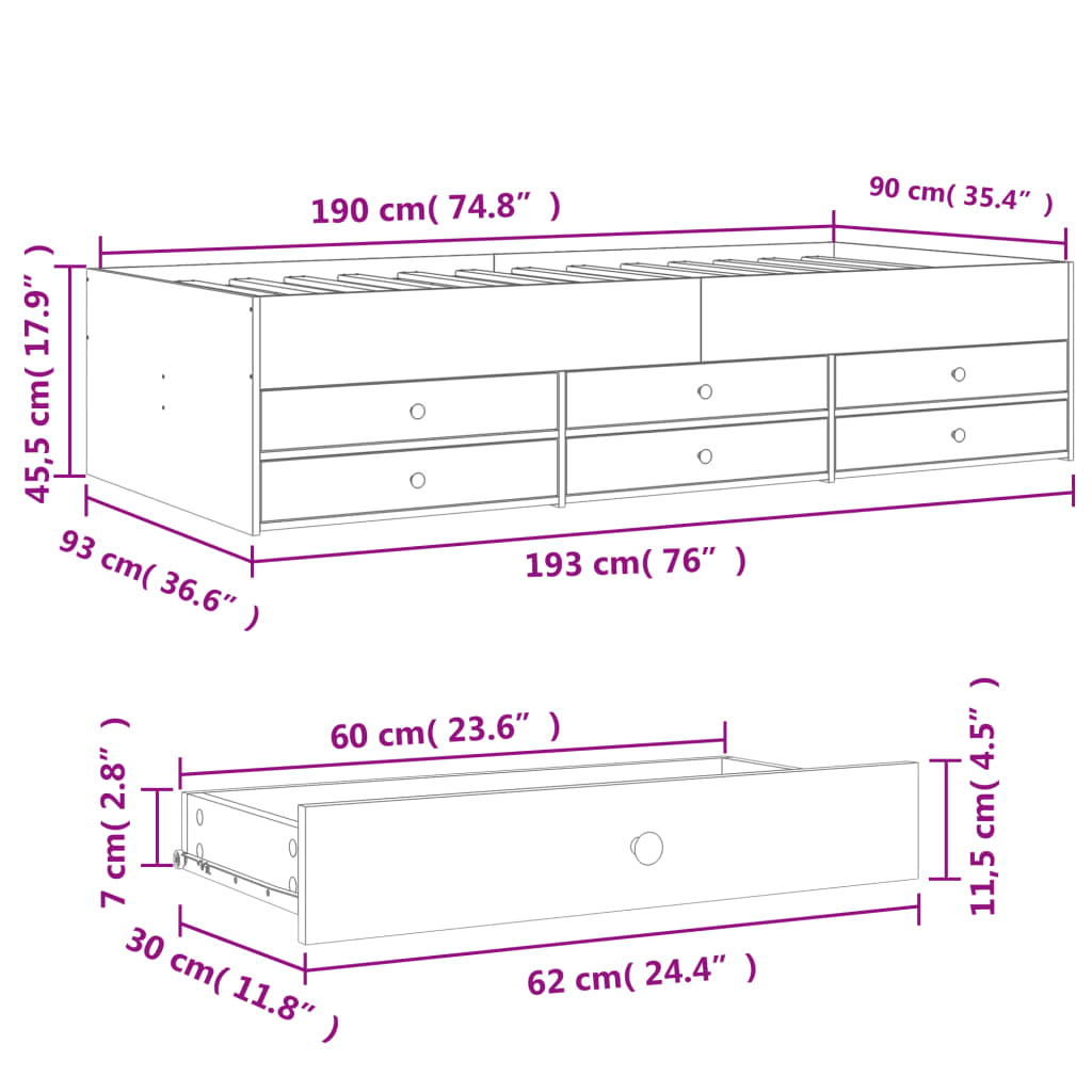Dimensions of a piece of furniture with measurements in centimeters and inches.