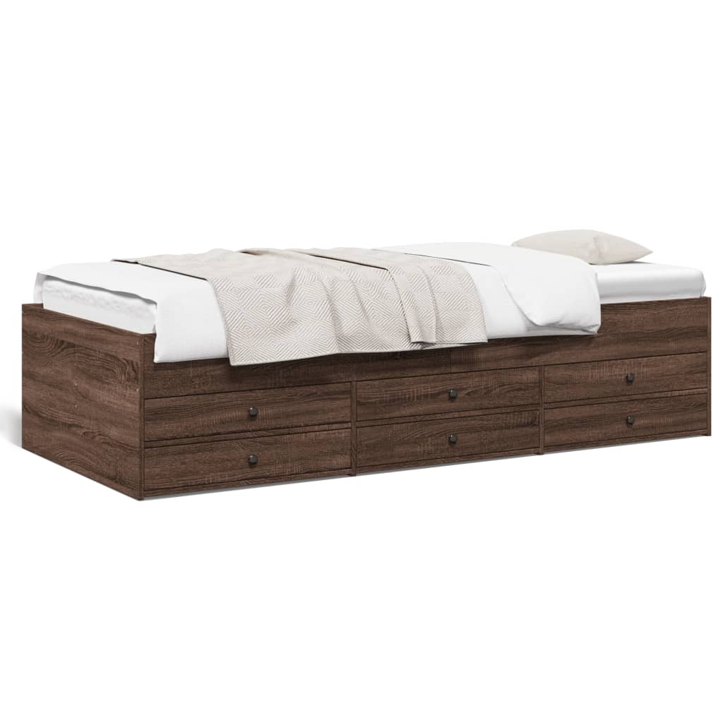 Wooden bed with white bedding on a white background