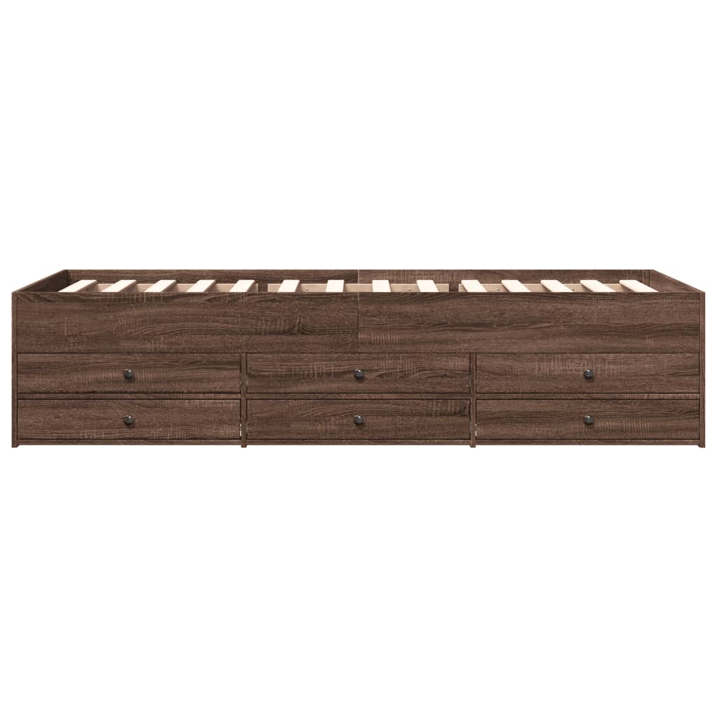 Wooden bed frame with multiple drawers on a white background