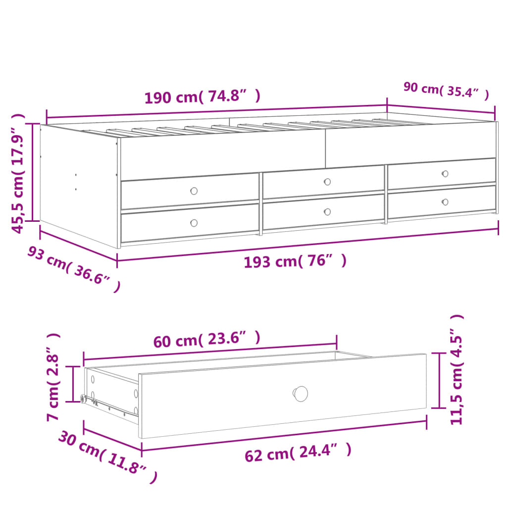 Dimensions of a piece of furniture with measurements in centimeters and inches.